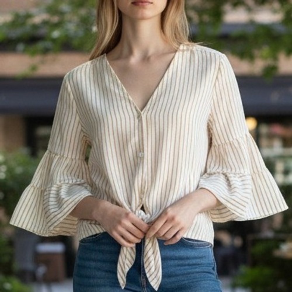 LC Lauren Conrad Striped Tie Front Ruffle‎ Bell Sleeve Blouse Yellow White Large
